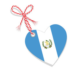 Fahne als Herz  „I Love Guatemala,“ mit Kordel-Schleife,
Vektor Illustration isoliert auf weißem Hintergrund
