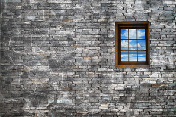 3d rendering of window with nice view in brick wall