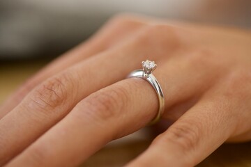 Woman hand wearing an engagement ring