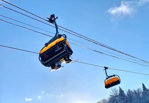 Ski Chair Lifts At Okemo Mountain Ski Resort At Sunny Winter Day In Vermont USA