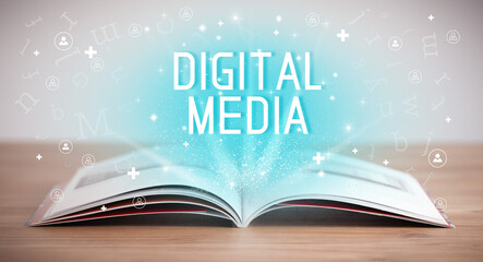 Open book with DIGITAL MEDIA inscription, social media concept