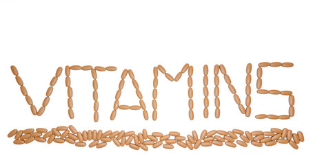 multivitamin pills on white background forming the word vitamins on a white background. ideal for advertising.