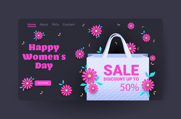 womens day 8 march international holiday celebration sale banner flyer or greeting card with flowers and shopping bag horizontal vector illustration