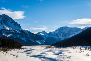 Beautiful winter view of the Athabasca river in Jasper national park, Canada