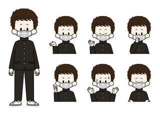 マスクをしている男子学生の表情セット