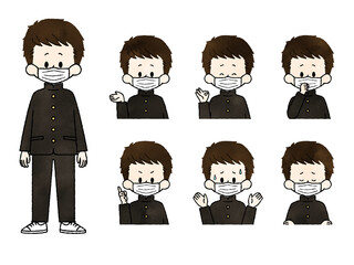 マスクをしている男子学生の表情セット-水彩