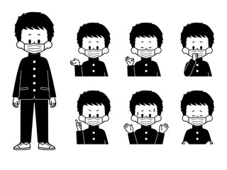 マスクをしている男子学生の表情セット-白黒