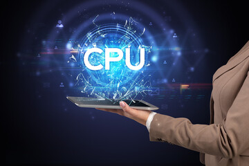 Close-up of a touchscreen with CPU abbreviation, modern technology concept