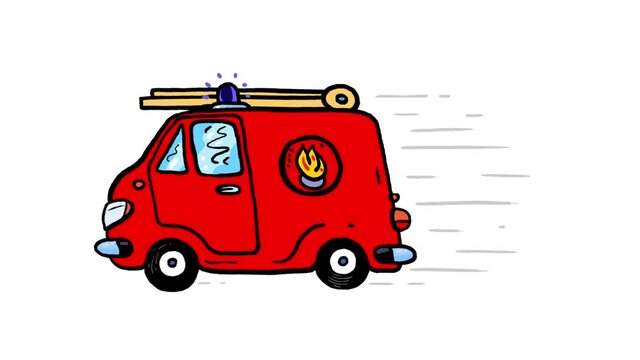 Fire brigade small car cartoon animation isolated. Fast driving. Seamless loop, alpha channel included.