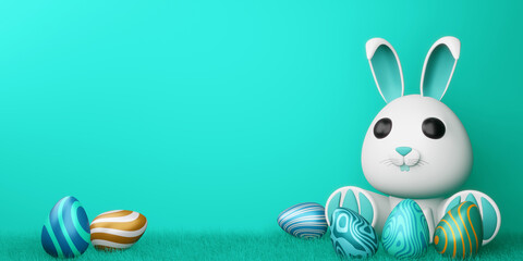 Happy easter day, cute bunny with colorful egg, 3d rendering.
