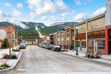 The northwest American historical lumber town of Priest River, Idaho, at winter with snow, in the...