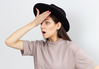 Shocked overhwelmed woman overreacting to stupid dumb mistake, forgot make important task, punch...