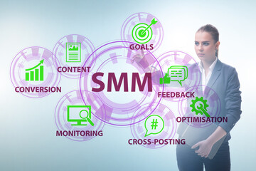 Fototapeta na wymiar Businesswoman pressing button in SMM concept