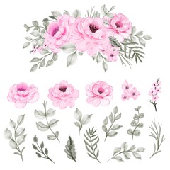 set isolated watercolor flower pink and leaf
