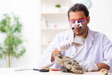 Young male archaeologist studying ancient african stonemask