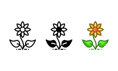 Blooming flower icon. With outline, glyph, and filled outline styles