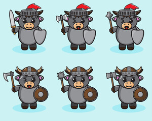 Vector illustration of cute Buffalo Knight cartoon. Cute Buffalo expression character design bundle. Good for icon, logo, label, sticker, clipart.