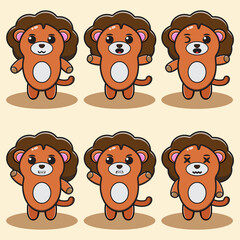 Vector illustration of cute Lion cartoon. Cute Lion expression character design bundle. Good for icon, logo, label, sticker, clipart.