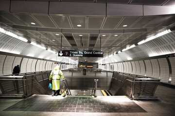 New York - February 18 2021: NYC subway tunnel in Hudson Yards, Manhattan. Modern subway station - obrazy, fototapety, plakaty