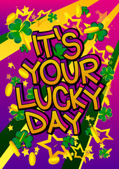Luck related comic book style poster, banner, template. Cartoon style explosion background, raining clovers and gold, golden coins.