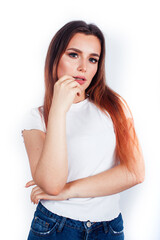 young blond woman on white backgroung gesture thumbs up, isolated emotional posing