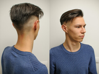 Young man with modern short haircut in a beauty salon, two photos from different angles