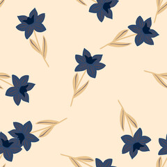 Fototapeta na wymiar Seamless spring pattern with hand drawn navy blue random simple flowers silhouettes print. Light pink background.