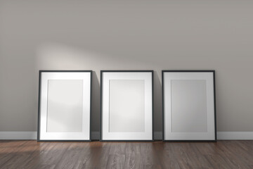 Obraz premium Mockup frames on empty white room with clear wall and wood floor. Modern minimal style.