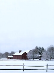 farm house with big sky over it. Wintry landscape, Copy space