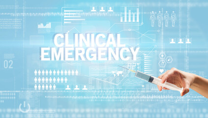Close-up view of doctor's hand in a white glove holding syringe with CLINICAL EMERGENCY inscription, healthcare and medical concept