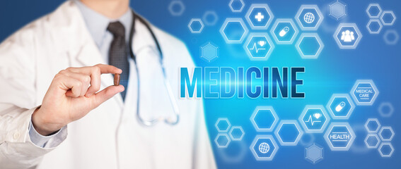 Close-up of a doctor giving you a pill with MEDICINE inscription, medical concept