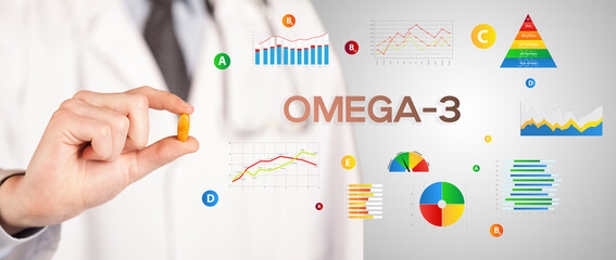 Nutritionist giving you a pill with OMEGA-3 inscription, healthy lifestyle concept