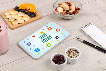 Healthy Tablet Pc compostion with JOIN TODAY inscription, Social networking concept