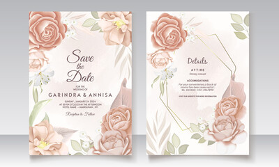  Beautiful peach floral frame wedding invitation card template Premium Vector