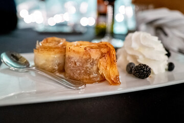 Baklava, a honey dosed dessert from a mediterranean restaurant 