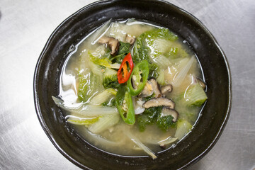 Korean traditional food winter cabbage miso soup. bean paste soup.