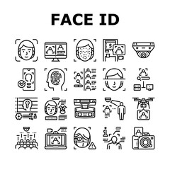 Face Id Technology Collection Icons Set Vector. Face Id And Finger Print Access, Atm Bank Terminal And Unblocked Smartphone Facial Protect System Black Contour Illustrations