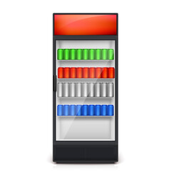 Vending machine isolated on white background. Colorful cans of drinks are on the shelves of the vending machine. Vector 3d illustration