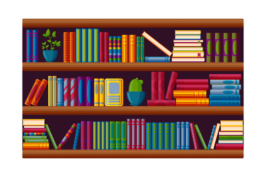 Bookcase for home library. Books and plants on the shelves in cartoon style. Vector illustration isolated on white background
