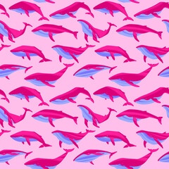 Decorative vector seamless pattern with whales. Ocean animals in trendy flat style.