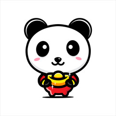 cute panda cartoon vector design wearing chinese costume holding gold money