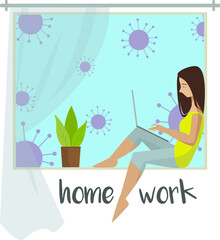 Girl work at home sitting on the windowsill, outside coronavirus. Telework remote work on windowsill as freelancer. Home work space. Outsourcing and telework home work