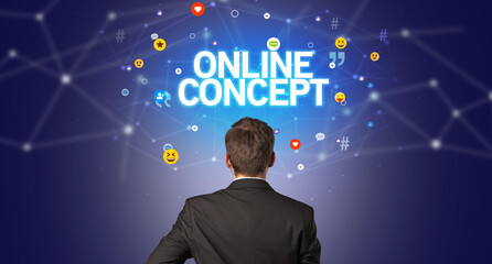 Rear view of a businessman with ONLINE CONCEPT inscription, social networking concept