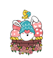 Cute easter Gnome bunny ears cartoon and yellow chick baby in Easter egg basket. Happy Easter, Cute doodle cartoon vector spring Easter clip art