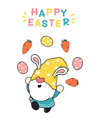 Cute easter Gnome bunny ears cartoon doing easter eggs Juggling,  Happy Easter, Cute doodle cartoon vector spring Easter clip art