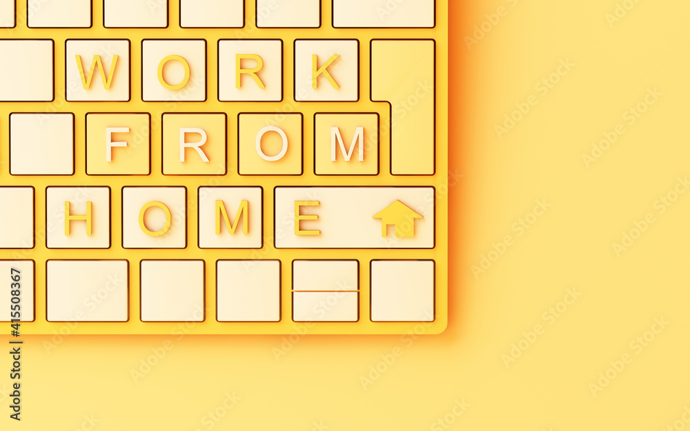 Poster computer keyboard with yellow work from home text on yellow background - covid-19 concept 3d renderi