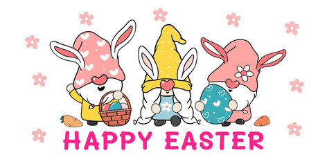 Obraz na płótnie Canvas Three Cute sweet Easter Bunny gnome with rabbit ears, Happy Easter cartoon vector banner