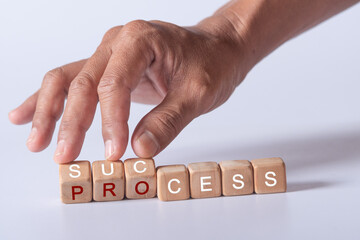 hand holding dice with text for illustration of "success and process" words
