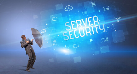 Businessman defending with umbrella from cyber attack and SERVER SECURITY inscription, online security concept