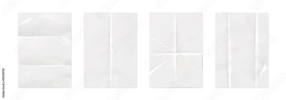 Poster Wrinkled paper. Realistic white empty poster mockups with crumpled texture effect and creases. Isolated straightened square sheets for documents. Vector blank notepad folded pages set with copy space